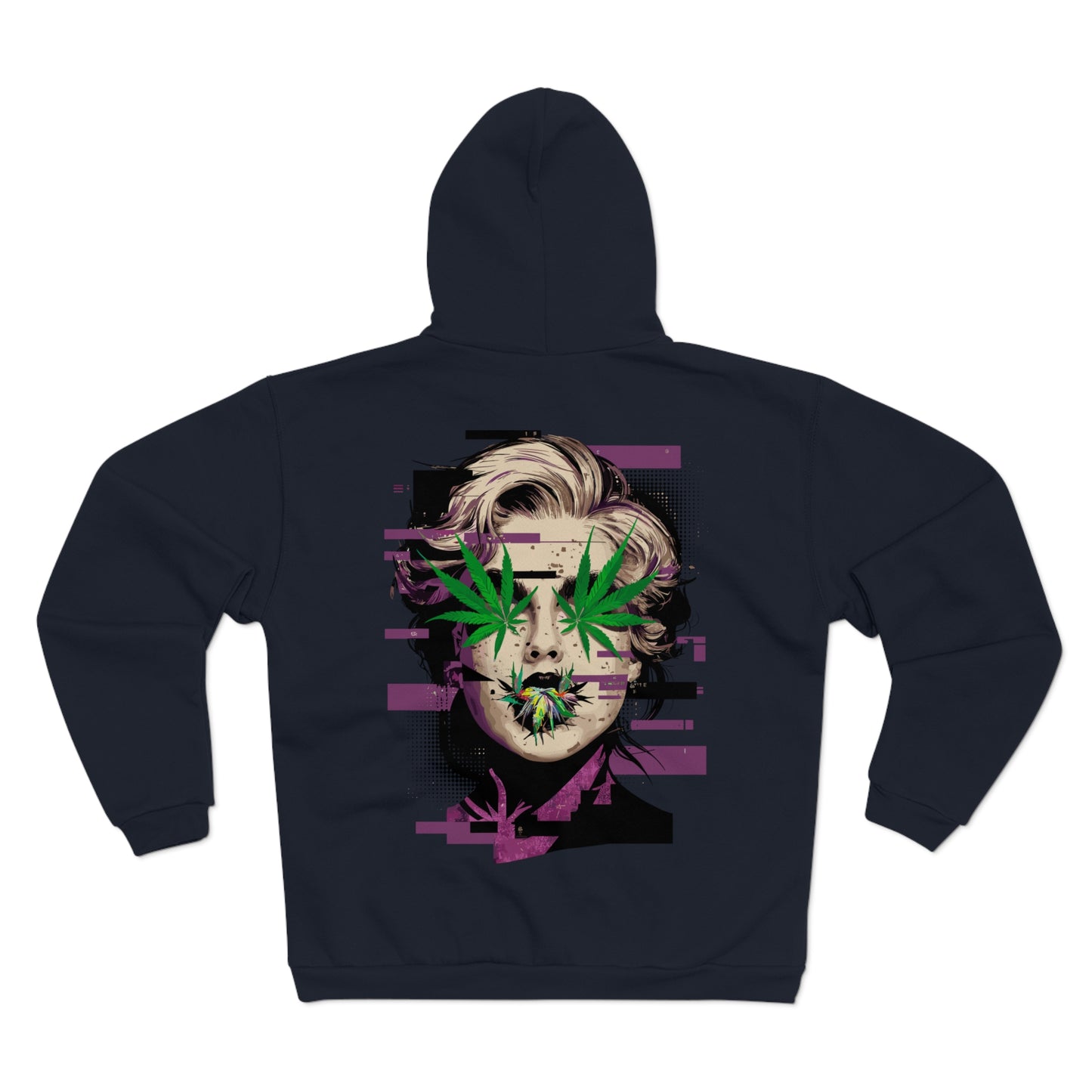 Vintage Portrait Zip Hoodie — Glitch Art Face with Cannabis Leaf Mask