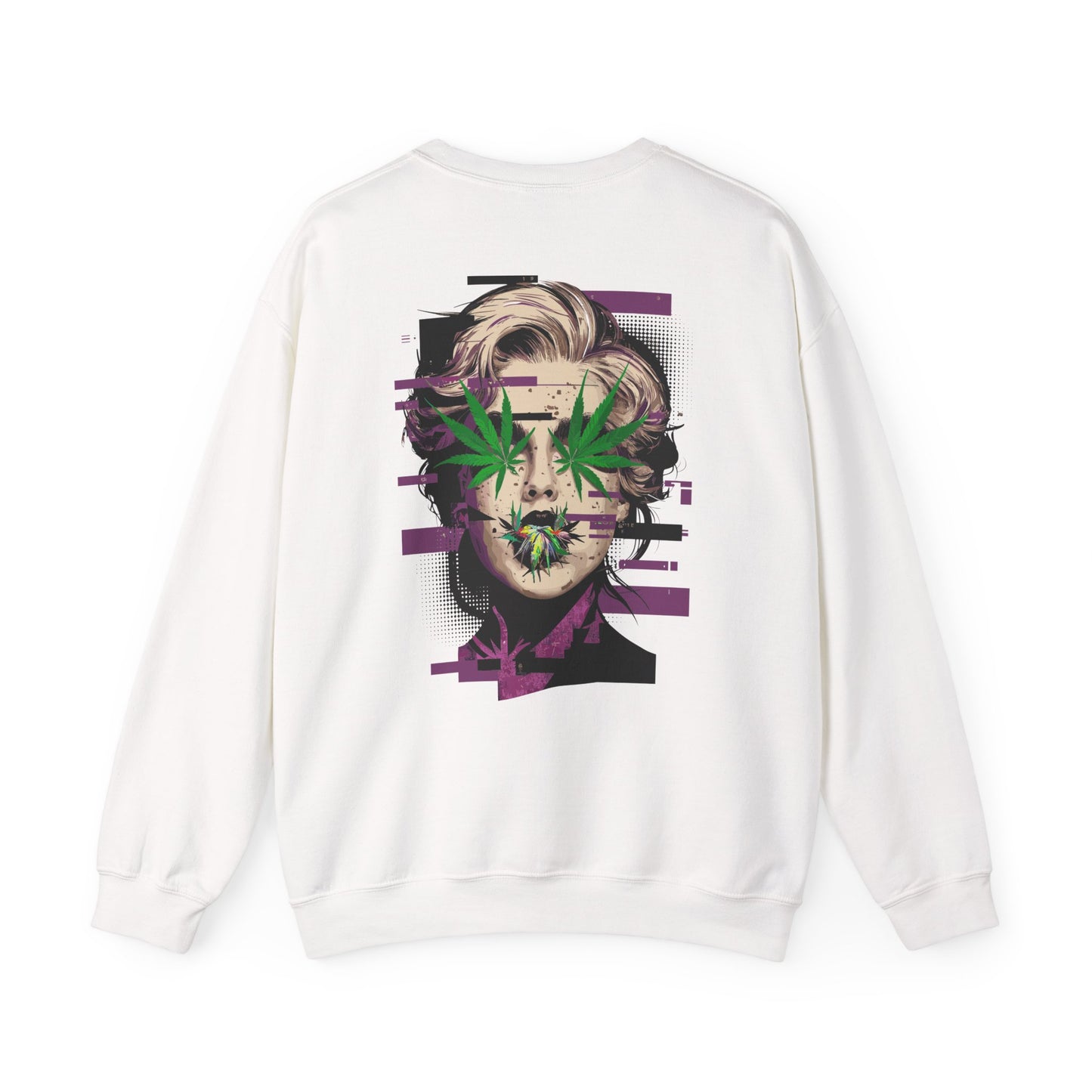 Vintage Portrait Sweatshirt — Glitch Art Face with Cannabis Leaf Mask