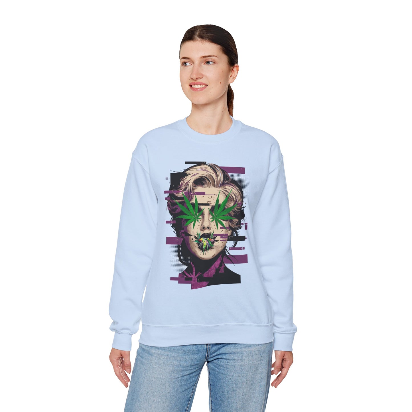 Vintage Portrait Sweatshirt — Glitch Art Face with Cannabis Leaf Mask
