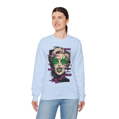 Vintage Portrait Sweatshirt — Glitch Art Face with Cannabis Leaf Mask