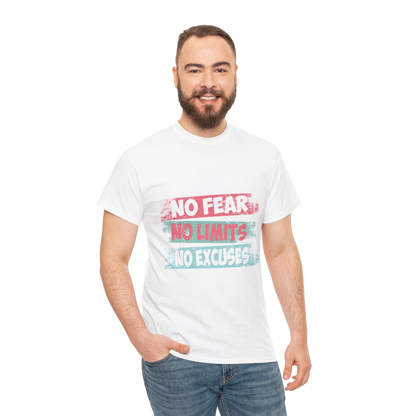 Inspiring Motivational Tee - Unisex Heavy Cotton Shirt with 'No Fear, No Limits, No Excuses' Design
