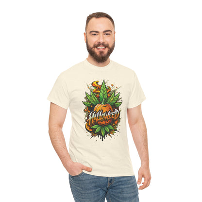 Hallowed Harvest Tee — Halloween Mask & Pumpkin Graphic T-Shirt