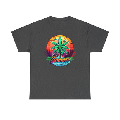Summer Cannabis Leaf T-Shirt – Retro Tropical Sunset Tee Both