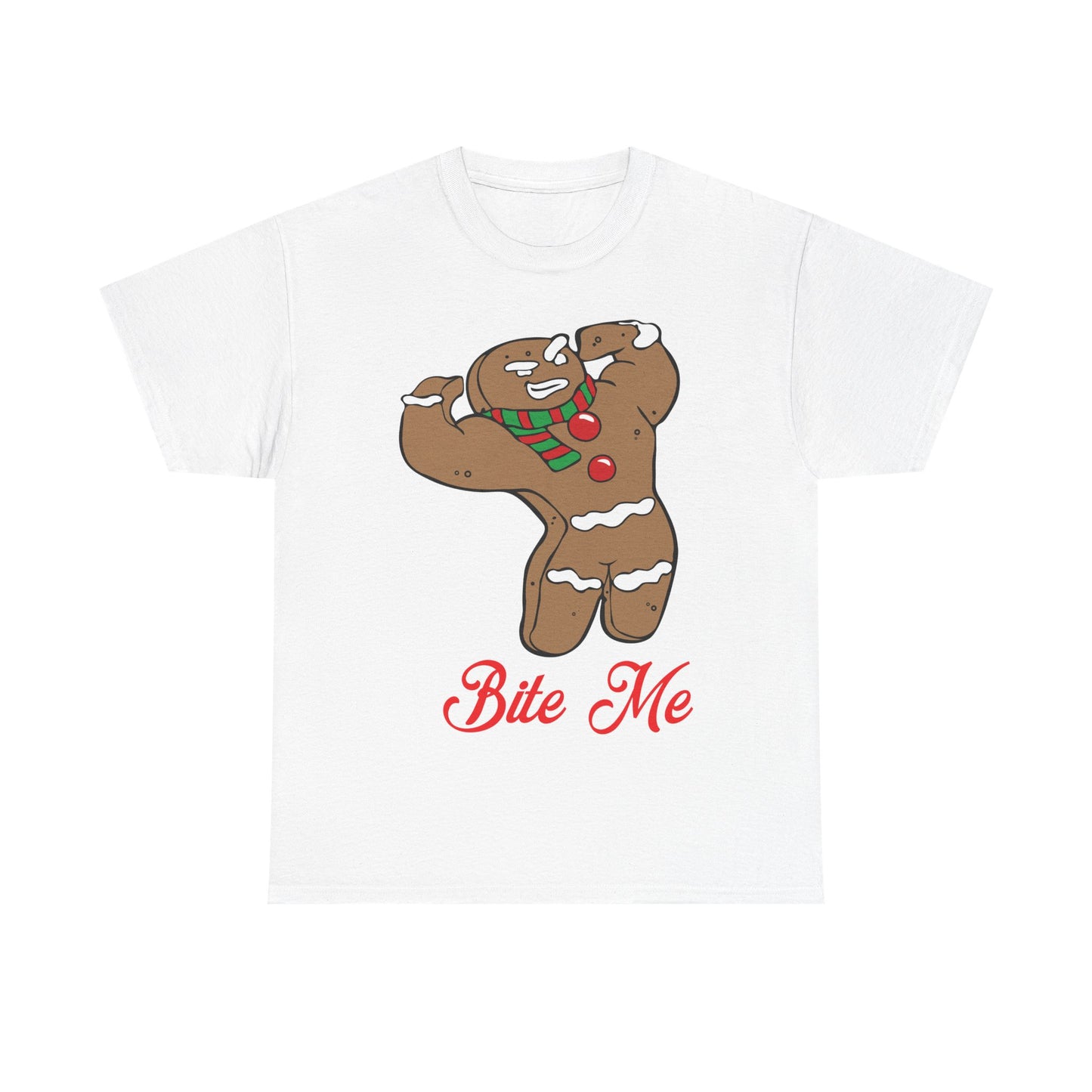 Funny Gingerbread Man Christmas T-Shirt - "Bite Me" Holiday Tee White