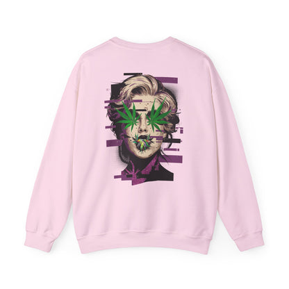 Vintage Portrait Sweatshirt — Glitch Art Face with Cannabis Leaf Mask