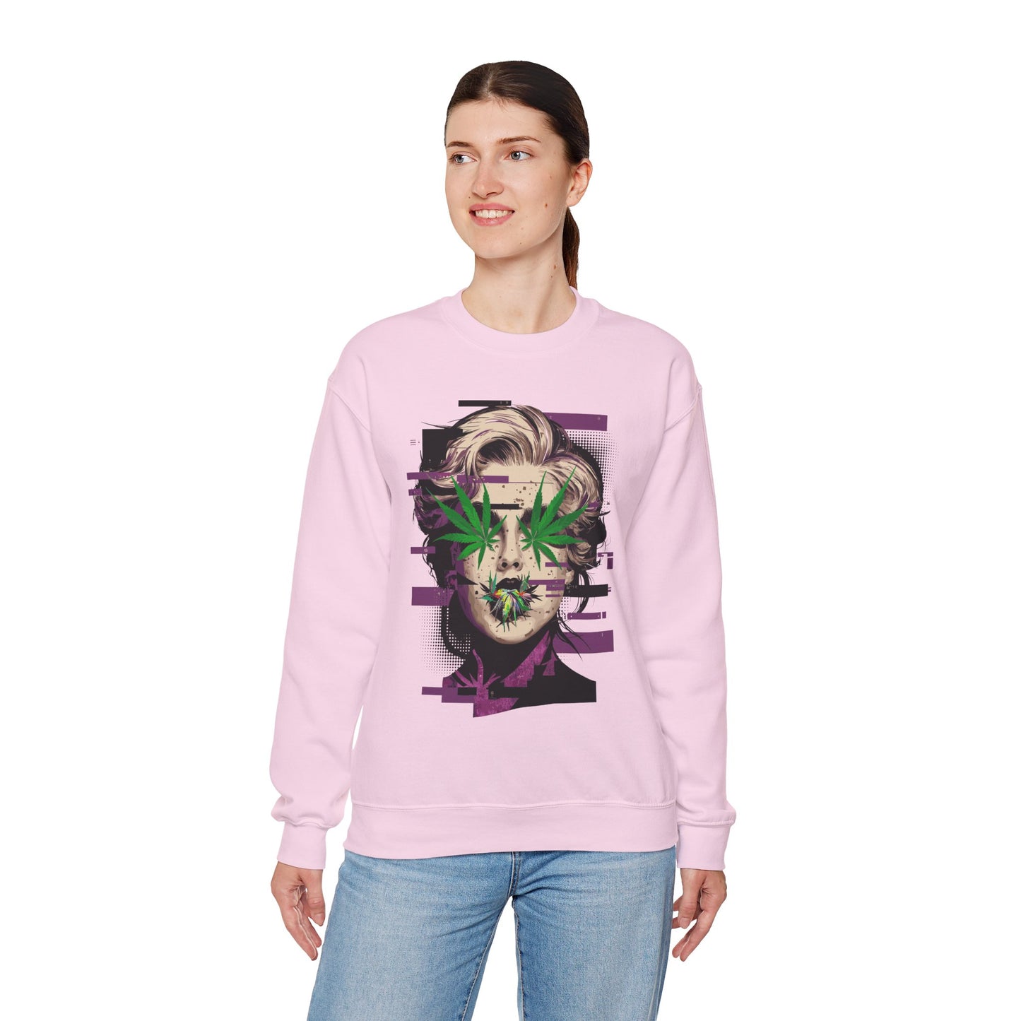 Vintage Portrait Sweatshirt — Glitch Art Face with Cannabis Leaf Mask