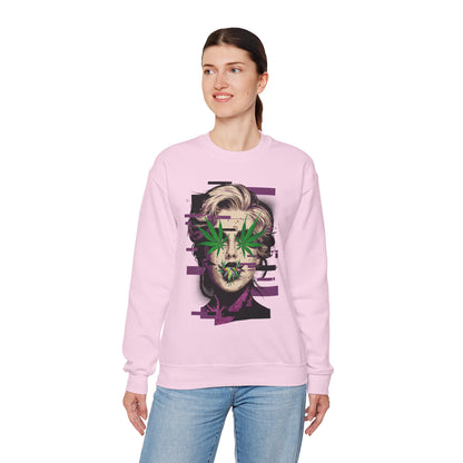 Vintage Portrait Sweatshirt — Glitch Art Face with Cannabis Leaf Mask