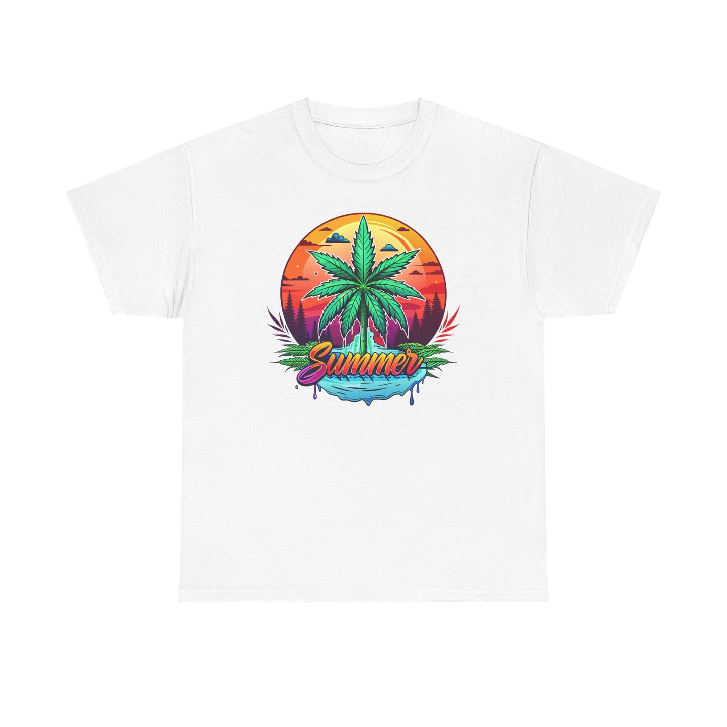 Summer Cannabis Leaf T-Shirt – Retro Tropical Sunset Tee Both