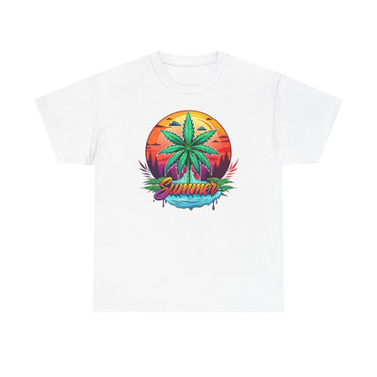 Summer Cannabis Leaf T-Shirt – Retro Tropical Sunset Tee Both