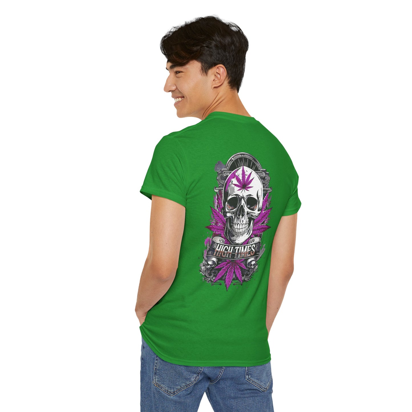 Skull & Purple Cannabis Leaf Tee - "High Times" Graphic T-Shirt Both