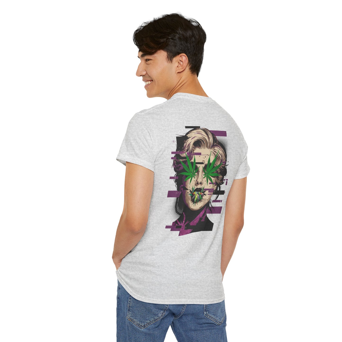 Vintage Portrait Tee — Glitch Art Face with Cannabis Leaf Mask