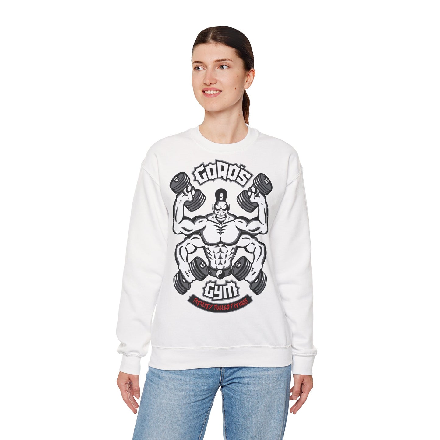 Goro's Gym Graphic Crewneck Sweatshirt - Perfect for Fitness Enthusiasts White