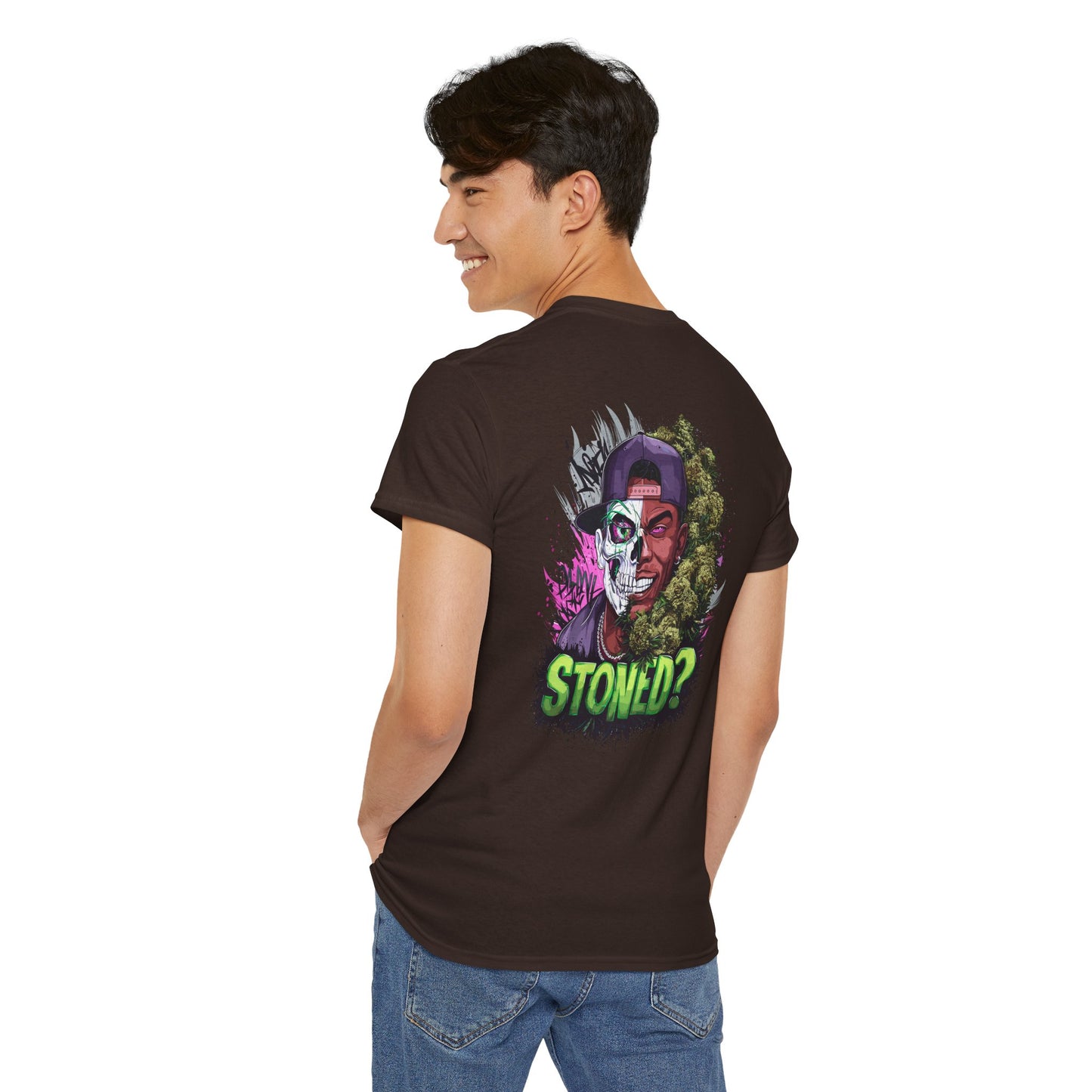 T-Shirt — 'Stoned?' Skull Face Graphic Tee for Cannabis Lovers