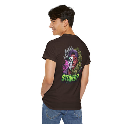 T-Shirt — 'Stoned?' Skull Face Graphic Tee for Cannabis Lovers
