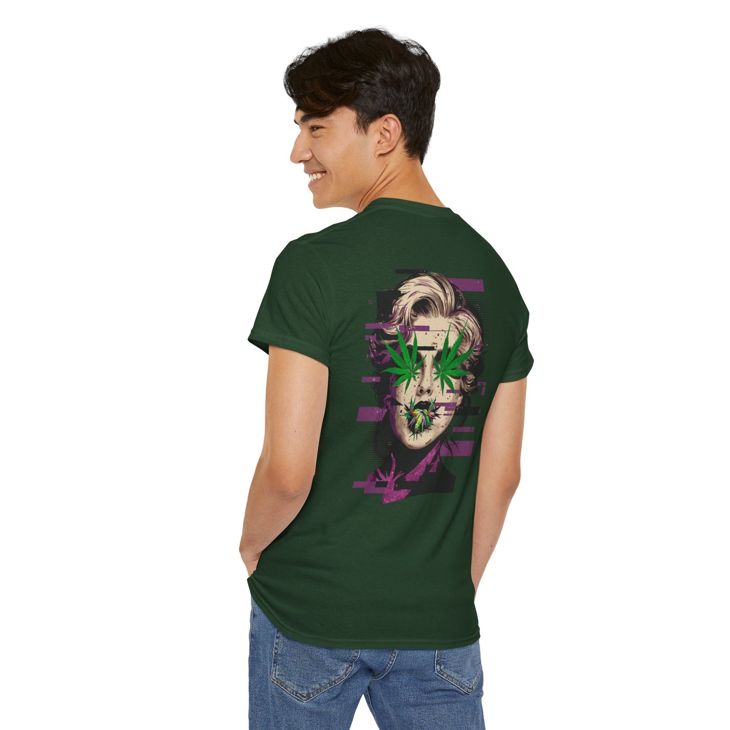 Vintage Portrait Tee — Glitch Art Face with Cannabis Leaf Mask