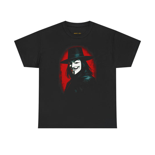 V for Vendetta Mask Tee — Retro Red Shadow Graphic T-Shirt