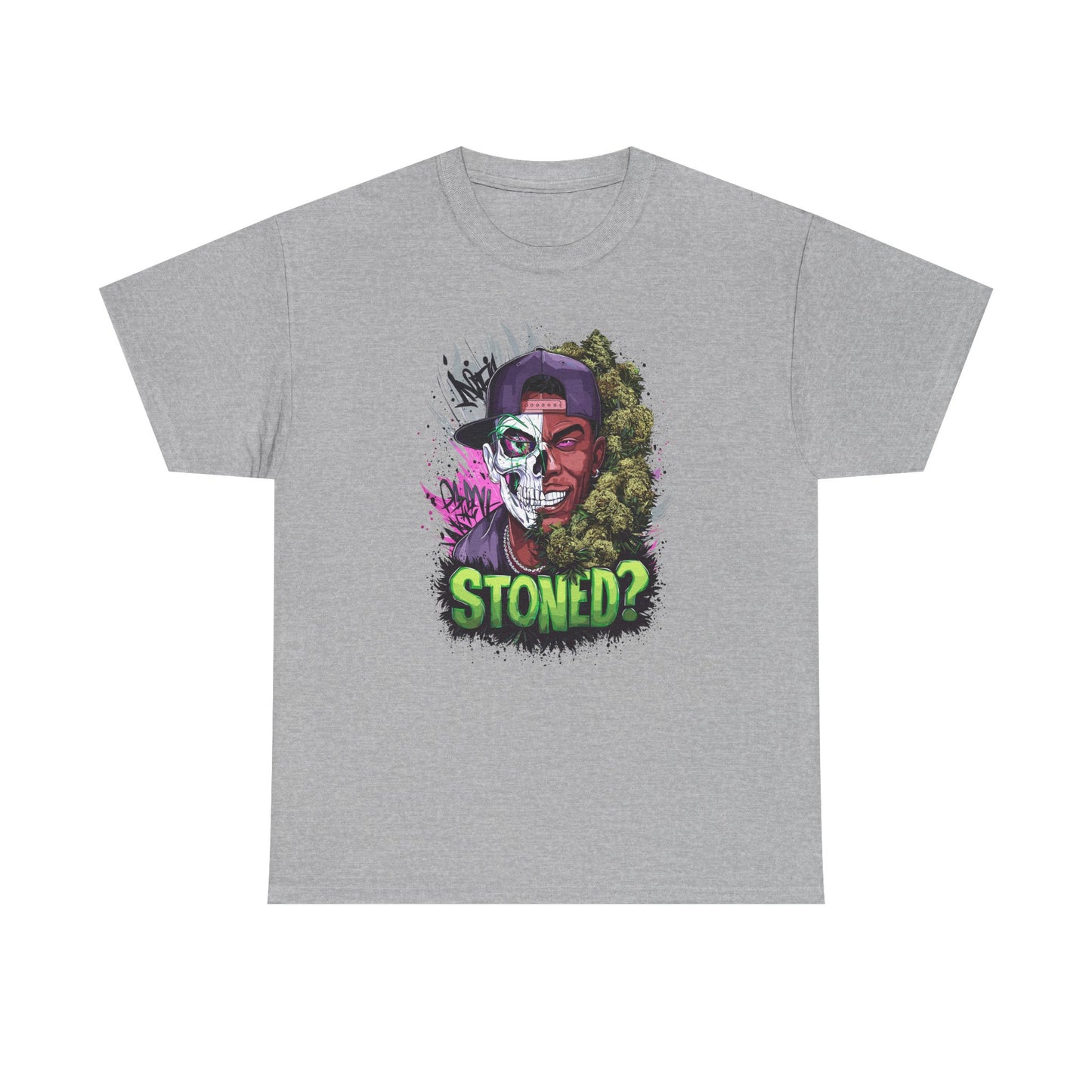 T-Shirt — 'Stoned?' Skull Face Graphic Tee for Cannabis Lovers