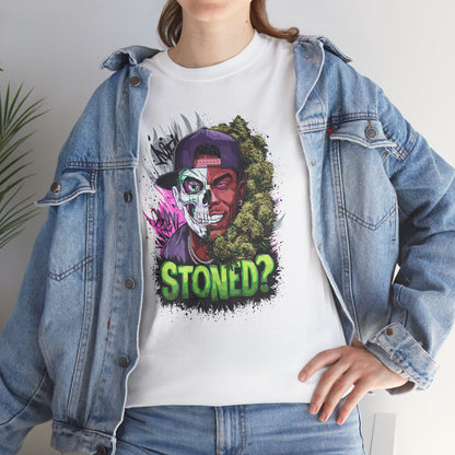 T-Shirt — 'Stoned?' Skull Face Graphic Tee for Cannabis Lovers