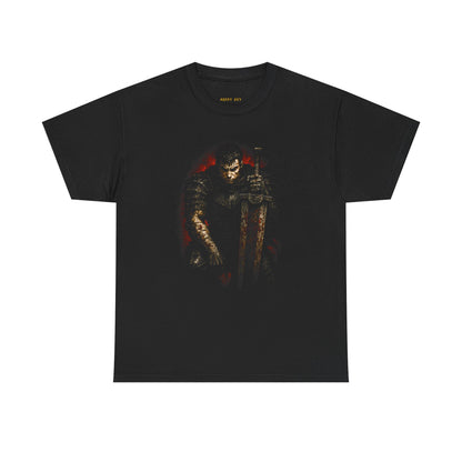 Medieval Knight Graphic Tee — Dark Armor Sword Illustration