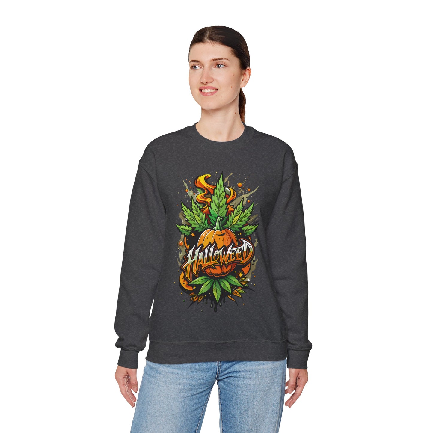 Halloween Pumpkin Graphic Sweatshirt — 'Halloween' Pumpkin & Leaves Illustration