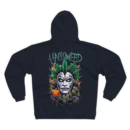 Hallowed Harvest Zip — Halloween Mask & Pumpkin Graphic Zip Hoodie