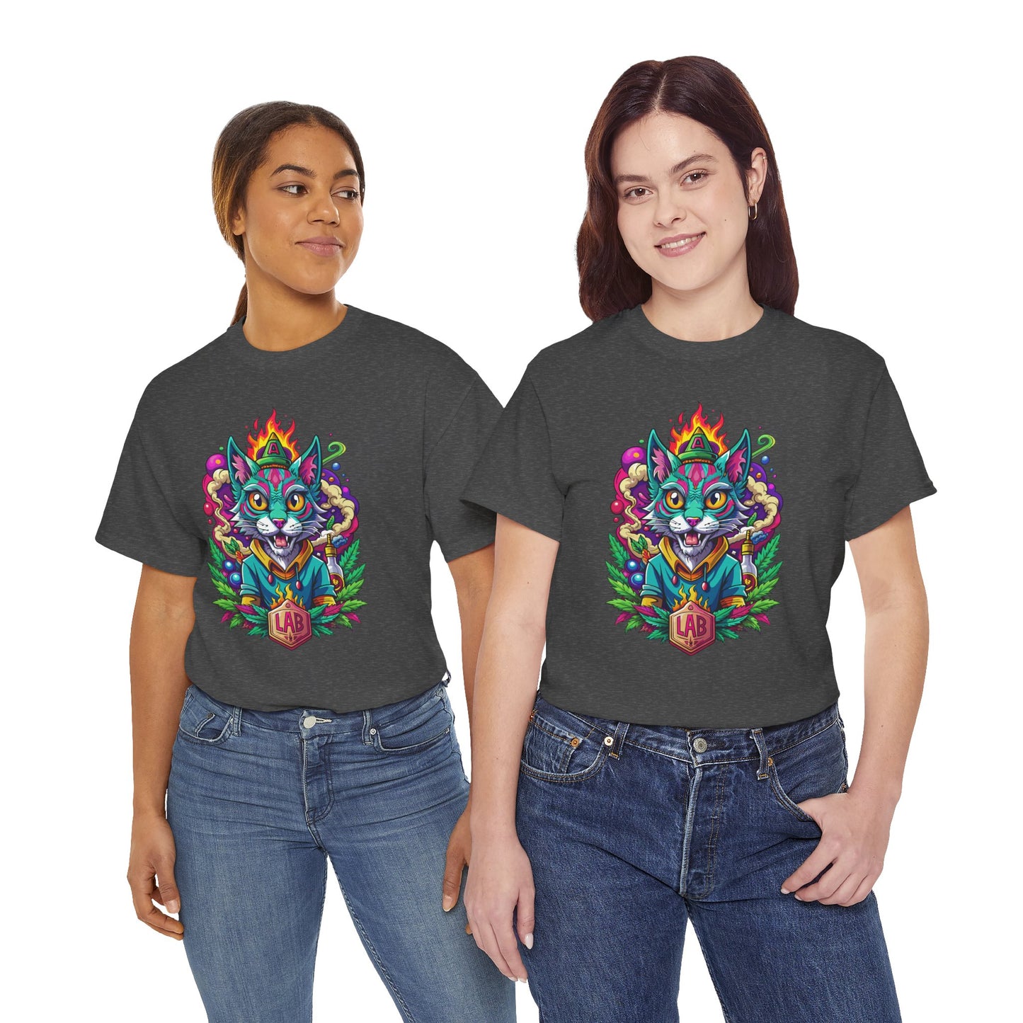 Psychedelic Flame Cat Graphic Tee — Colorful Trippy Cat Design