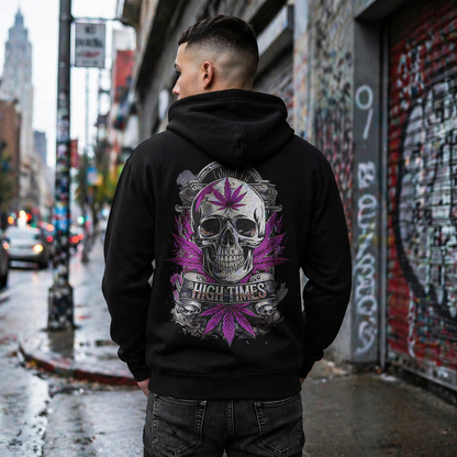 Skull & Cannabis Zip Hoodie — “High Times” Graphic Zip-Up