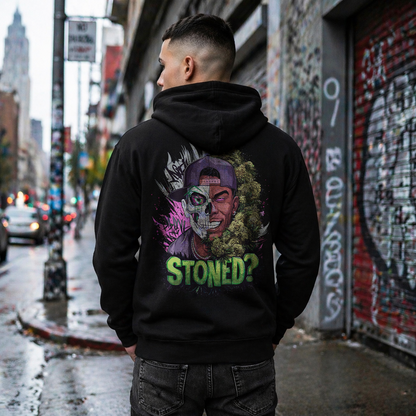 Zip Hoodie — 'Stoned?' Skull Face Graphic Zip for Cannabis Lovers