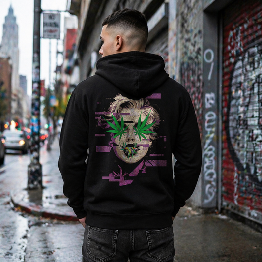 Vintage Portrait Zip Hoodie — Glitch Art Face with Cannabis Leaf Mask