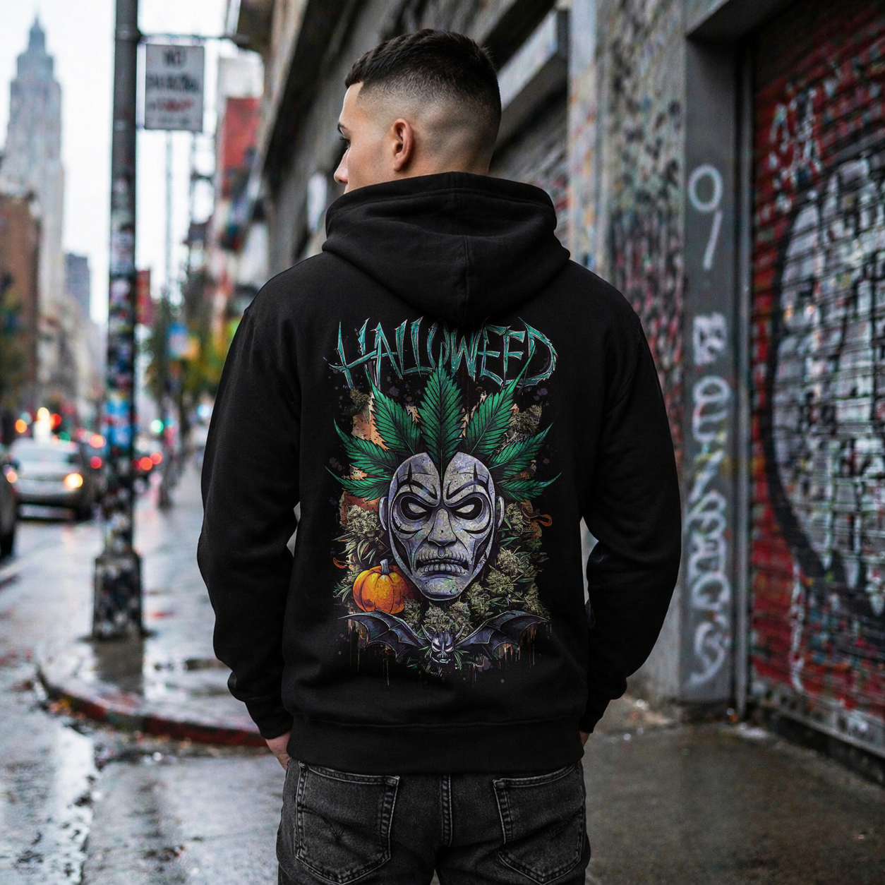 Hallowed Harvest Zip — Halloween Mask & Pumpkin Graphic Zip Hoodie