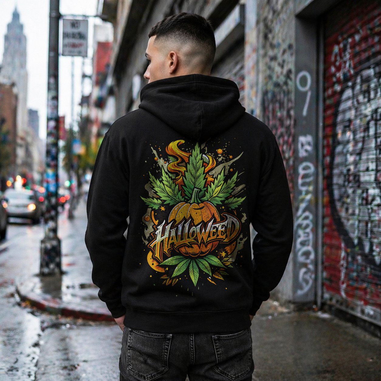 Halloween Pumpkin Graphic Zip Hoodie  — 'Halloween' Pumpkin & Leaves Illustration