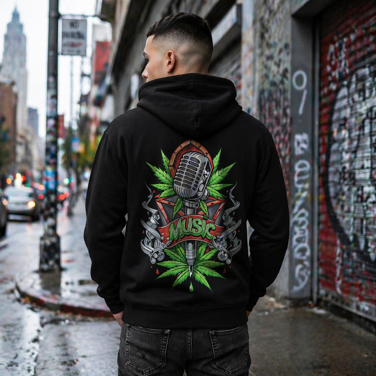 Music Microphone Zip Hoodie — Retro Mic & Leaf Graphic Zip Hoodie