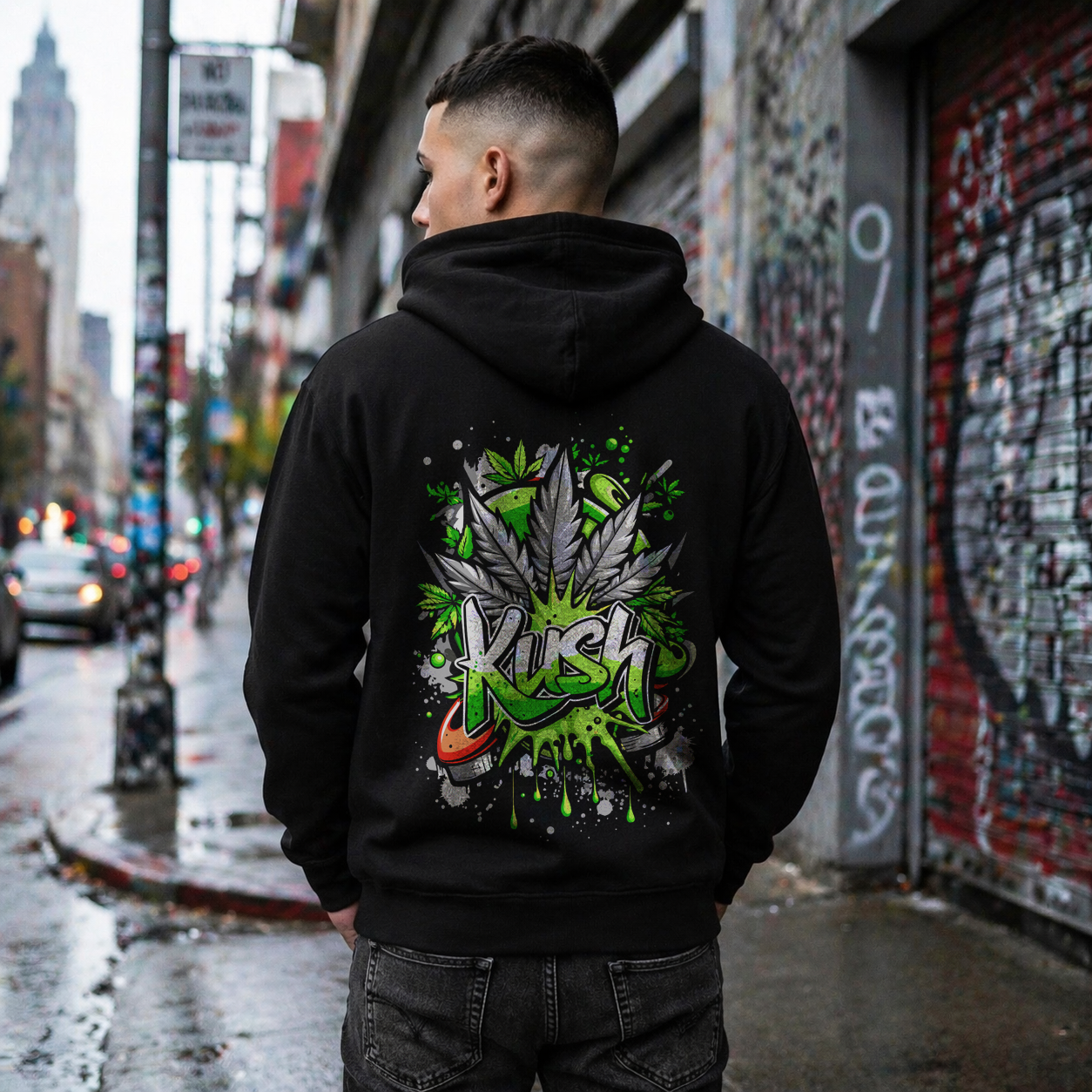 Kush Graffiti Zip Hoodie — Green Cannabis Leaf Street Art Hoodie
