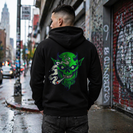Smoking Goblin Zip Hoodie — Neon Green Demon Skull Back Graphic