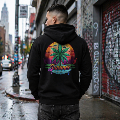 Summer Cannabis Leaf Zip Hoodie – Retro Tropical Sunset