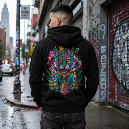 Psychedelic Flame Cat Graphic Zip Hoodie — Colorful Trippy Cat Design
