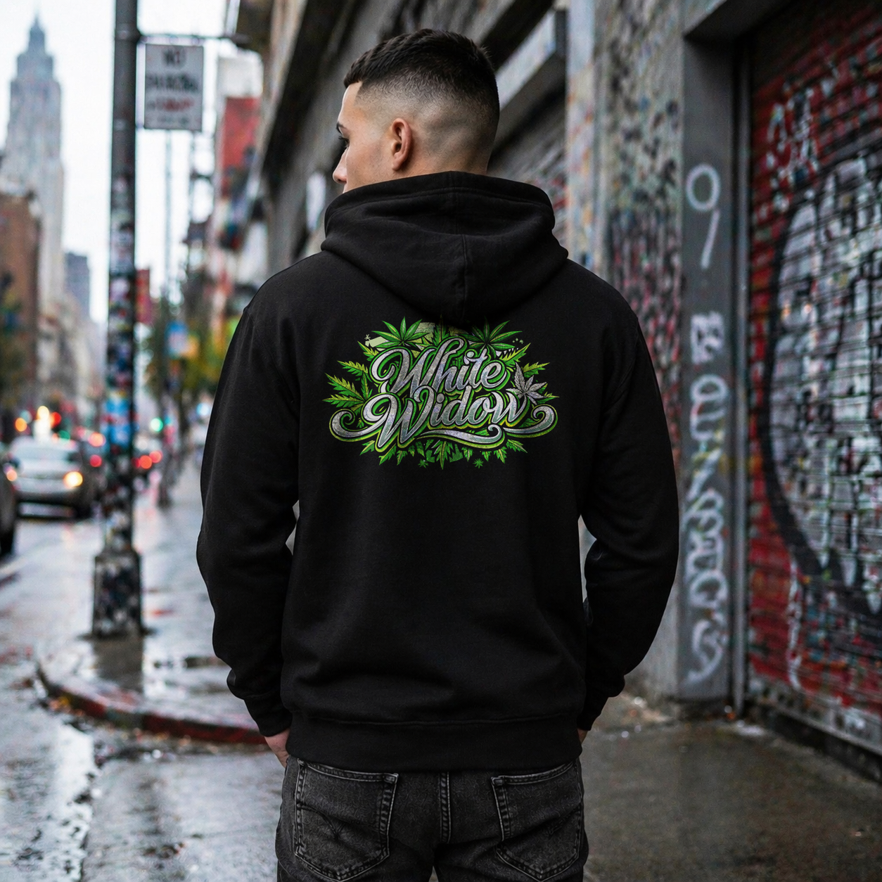 White Widow Graphic Zip Hoodie — Cannabis Leaf Logo Zip Hoodie