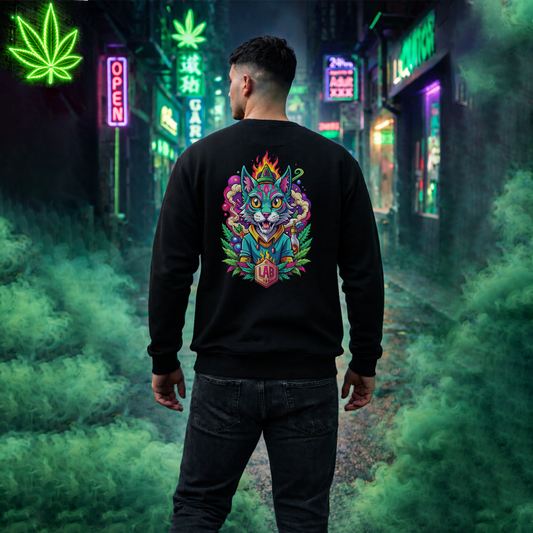 Psychedelic Flame Cat Graphic Sweatshirt — Colorful Trippy Cat Design