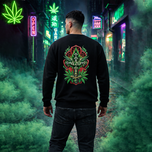 420 Cannabis Shield Sweatshirt – Marijuana Leaf Stoner Graphic