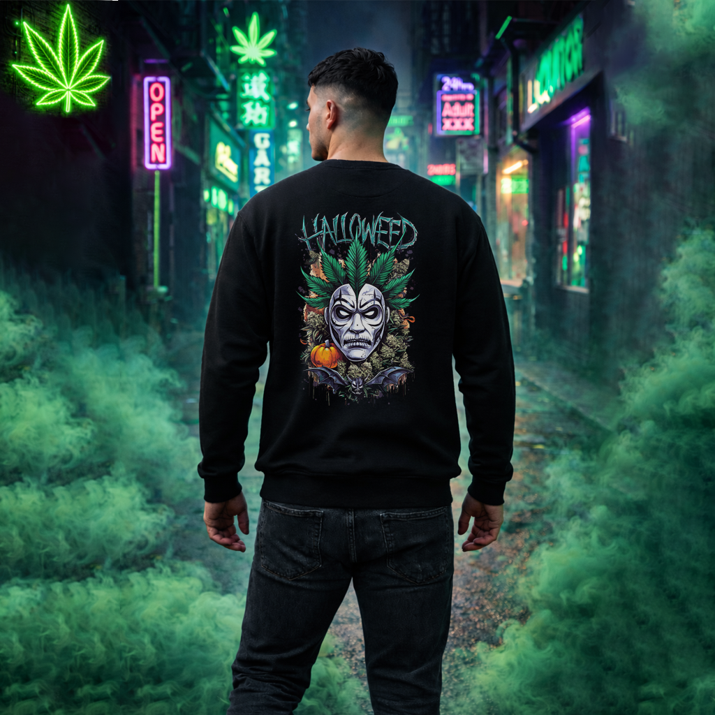 Hallowed Harvest — Halloween Mask & Pumpkin Graphic Sweatshirt