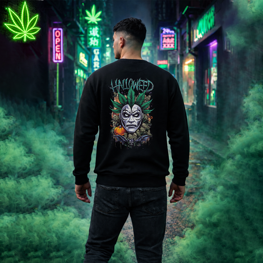 Hallowed Harvest — Halloween Mask & Pumpkin Graphic Sweatshirt