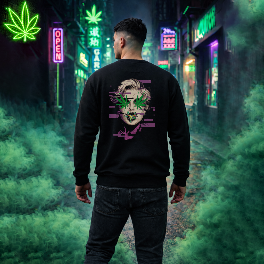 Vintage Portrait Sweatshirt — Glitch Art Face with Cannabis Leaf Mask