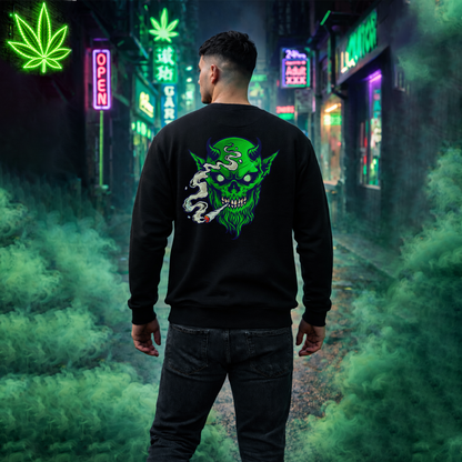 Smoking Green Demon Skull Sweatshirt — Creepy Stoner Graphic