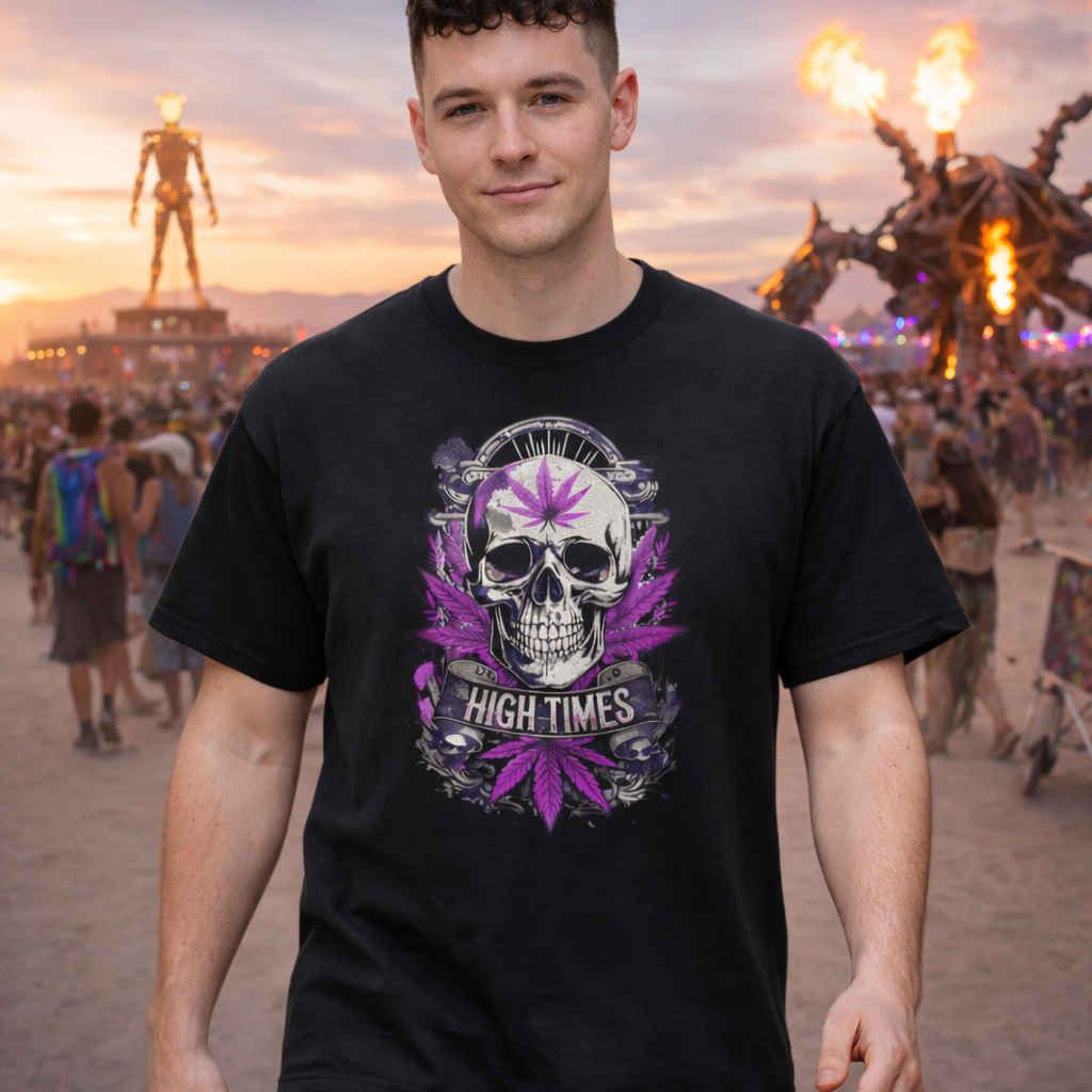 Skull & Purple Cannabis Leaf Tee - "High Times" Graphic T-Shirt