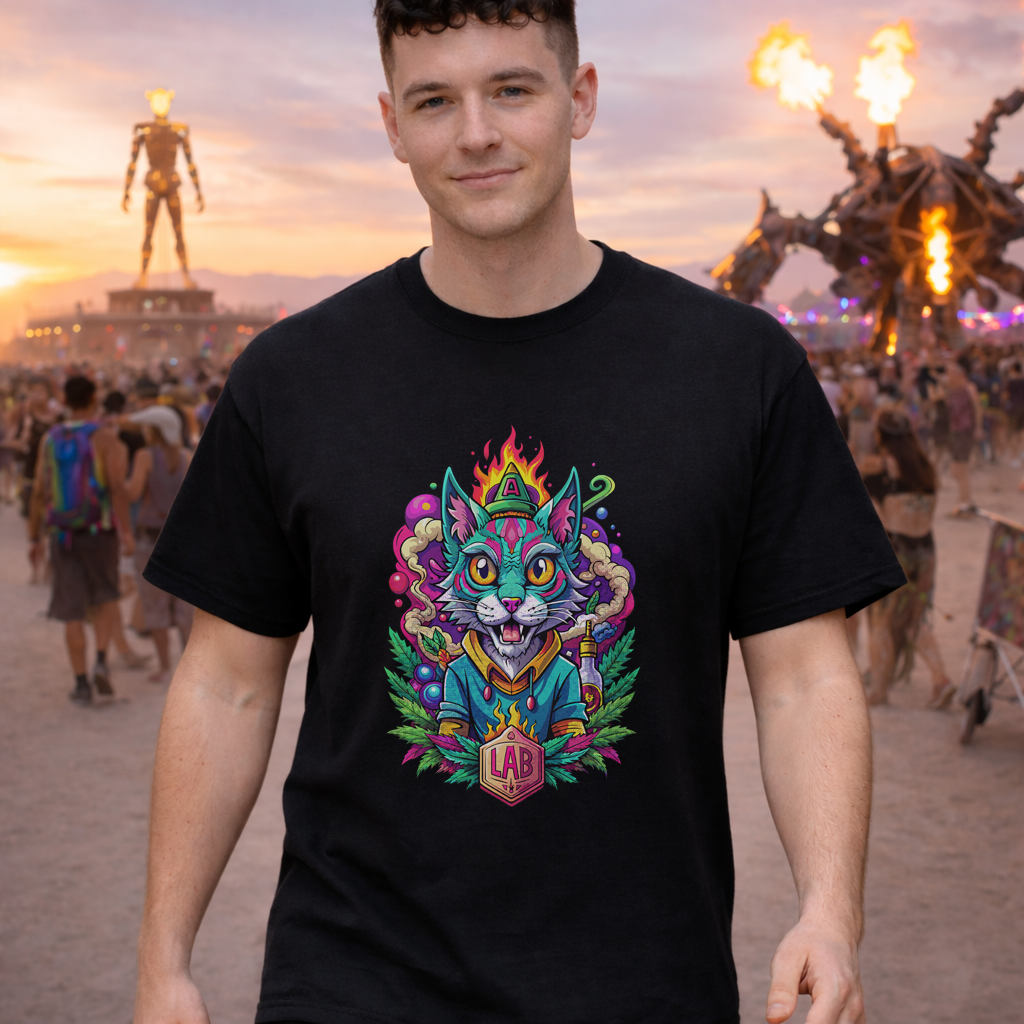 Psychedelic Flame Cat Graphic Tee — Colorful Trippy Cat Design