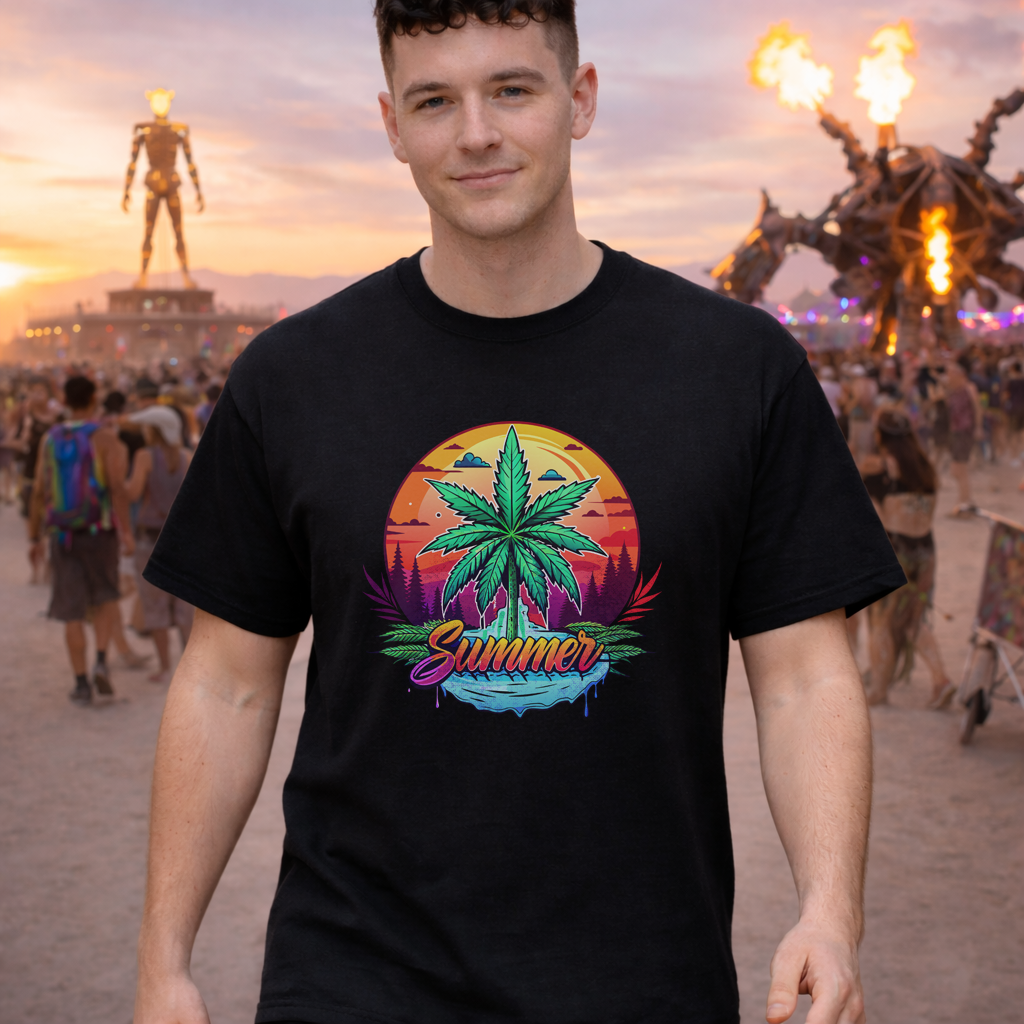 Summer Cannabis Leaf T-Shirt – Retro Tropical Sunset Tee
