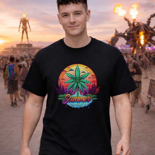 Summer Cannabis Leaf T-Shirt – Retro Tropical Sunset Tee