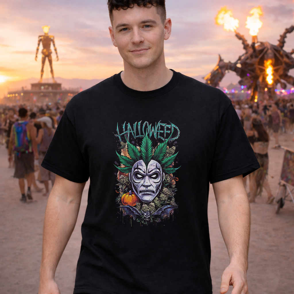 Hallowed Harvest Tee — Halloween Mask & Pumpkin Graphic T-Shirt