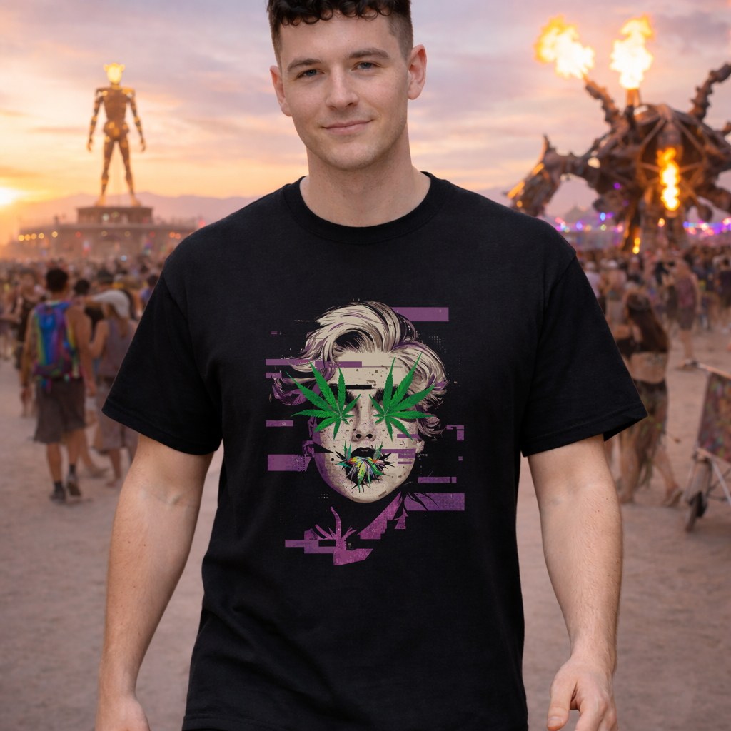 Vintage Portrait Tee — Glitch Art Face with Cannabis Leaf Mask