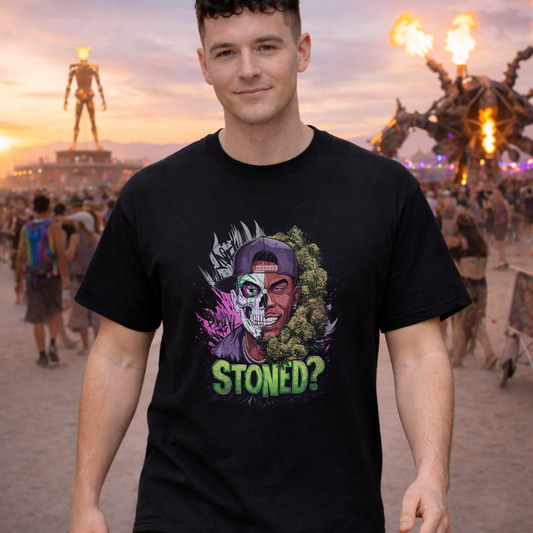 T-Shirt — 'Stoned?' Skull Face Graphic Tee for Cannabis Lovers